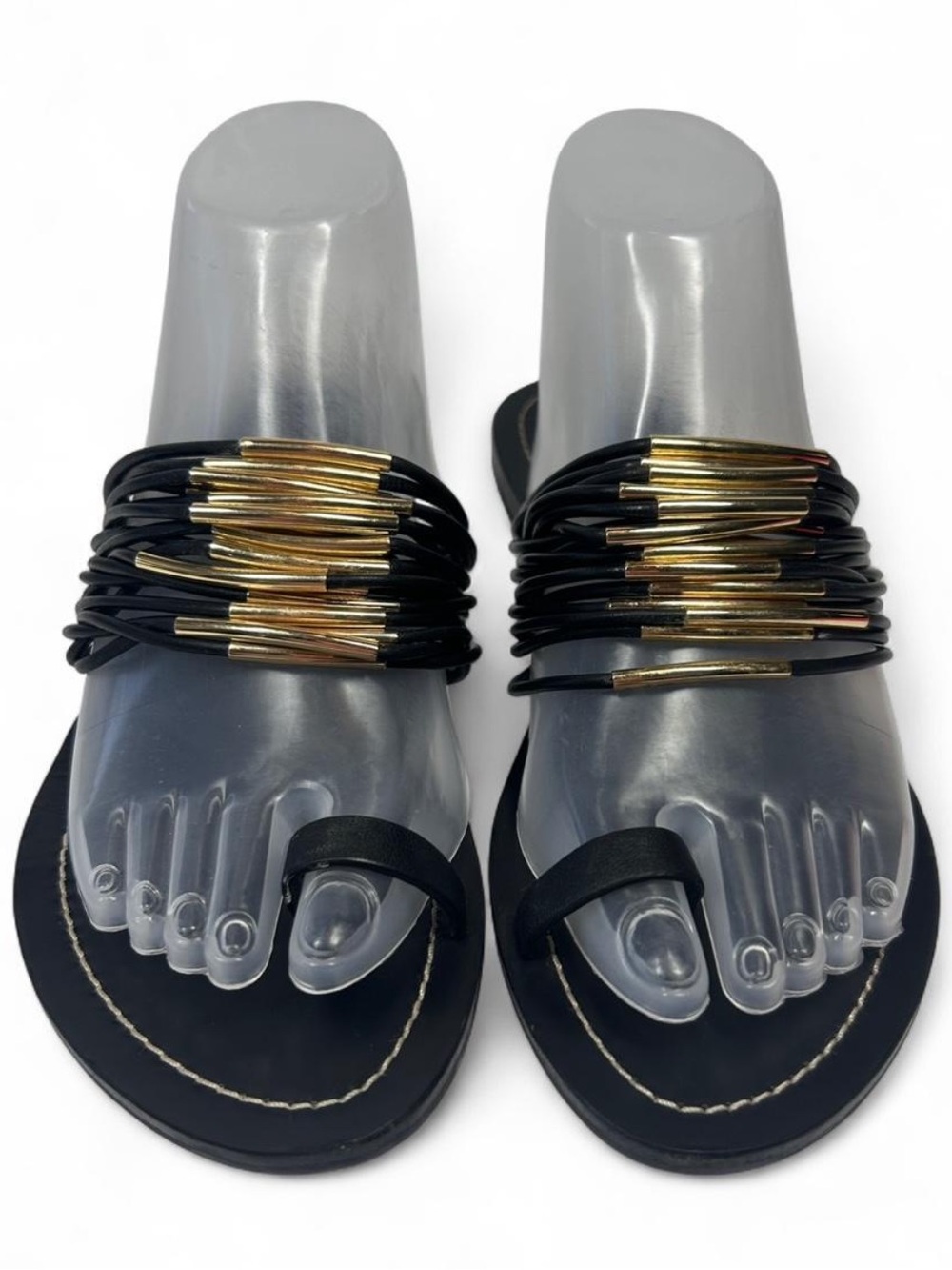 Tory Burch Mignon Rings Strappy Toe-Ring Flat Sandals, smooth black leather. 7